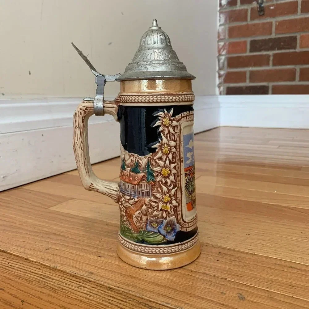 Vintage GERZIT German Beer Stein Handgemalt with Pewter Lid